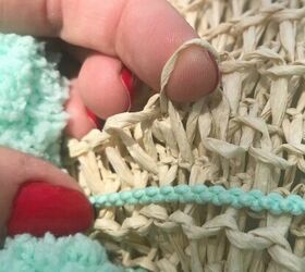 makeover your plain wicker beach tote with pompom yarn