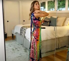 how to create two no sew red carpet worthy dresses, DIY No Sew Sequin One Shoulder Dress