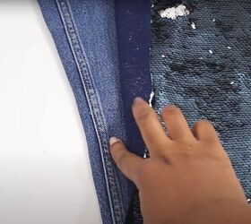 up your style with these diy sequin distressed jeans, Sew the Fabric to the Pants