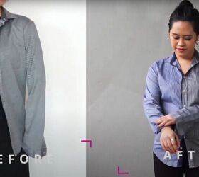 four ways to refashion a thrifted mens shirt, DIY half and half top