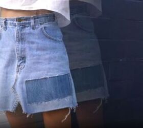 turn a pair of old jeans into a fun new skirt, Add patchwork