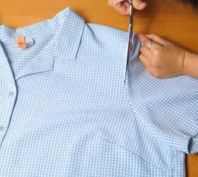 make a gorgeous off the shoulder dress out of a button down shirt, Cut off the sleeves