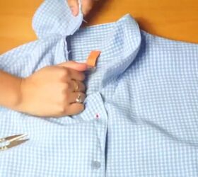 make a gorgeous off the shoulder dress out of a button down shirt, Remove your collar
