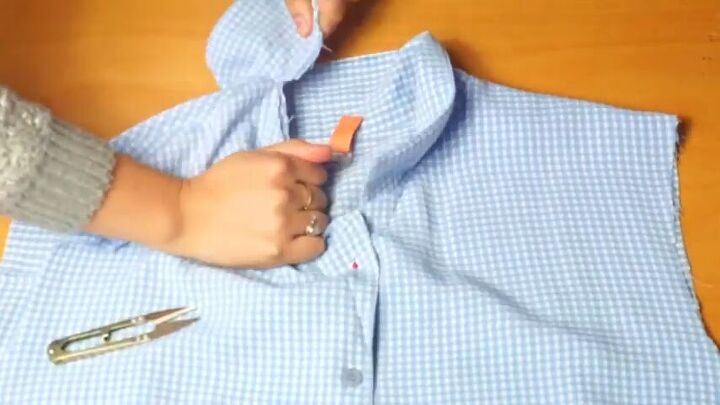 make a gorgeous off the shoulder dress out of a button down shirt, Remove your collar