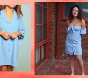 make a gorgeous off the shoulder dress out of a button down shirt, DIY off the shoulder summer dress