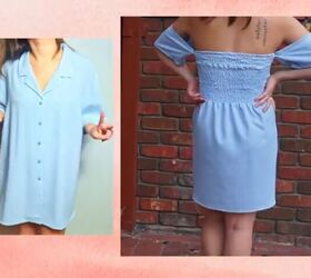 make a gorgeous off the shoulder dress out of a button down shirt, Thrift flip men s shirt to summer dress