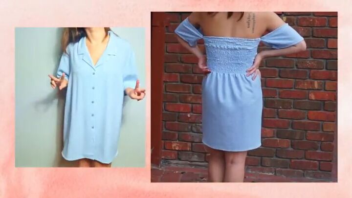 make a gorgeous off the shoulder dress out of a button down shirt, Thrift flip men s shirt to summer dress