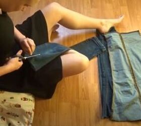 learn how to make a button up a line skirt from jeans, Open the legs