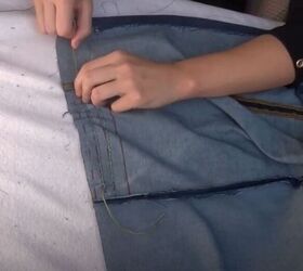 learn how to make a button up a line skirt from jeans, Gather the fabric