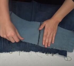 learn how to make a button up a line skirt from jeans, Sew on the waistband