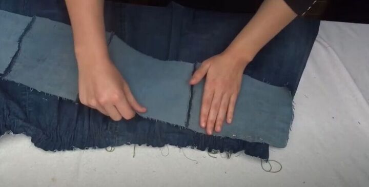 learn how to make a button up a line skirt from jeans, Sew on the waistband