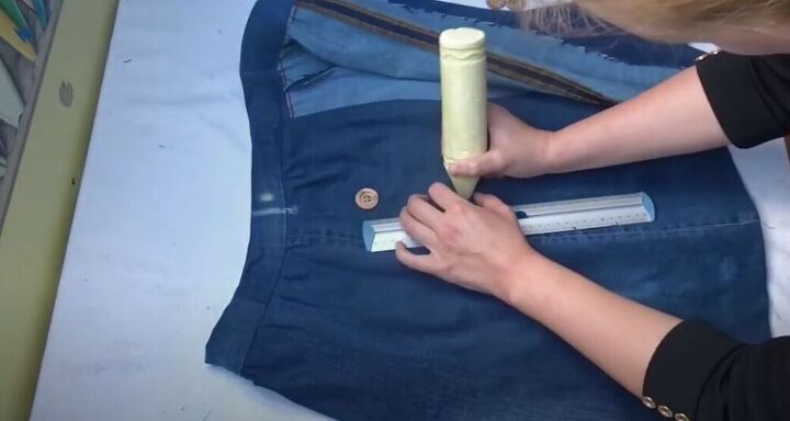 learn how to make a button up a line skirt from jeans, Add buttons
