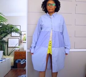 upcycle a mens shirt into this amazing shirt dress, Try on the dress