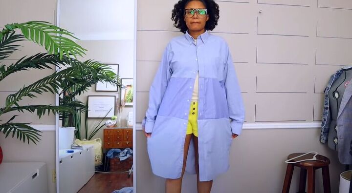 upcycle a mens shirt into this amazing shirt dress, Try on the dress
