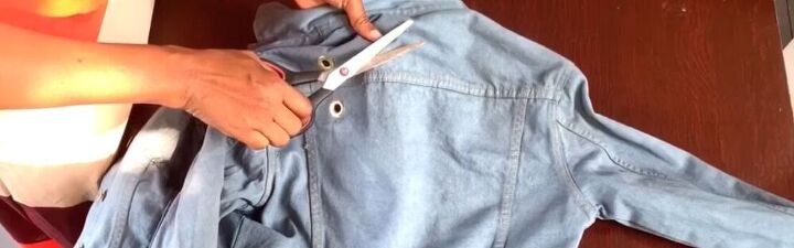 modernize your jean jacket with this awesome diy, Cut holes