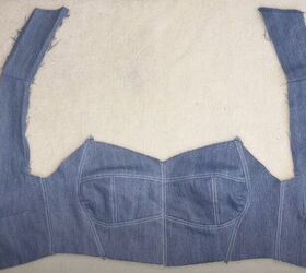 learn to make the cutest crop top from an old pair of jeans, Sew the pieces
