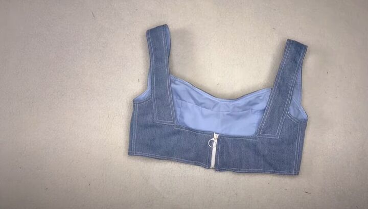 learn to make the cutest crop top from an old pair of jeans, Stitch around the edges