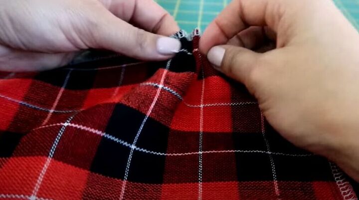 learn how to make a stunning red tartan skirt, Gather the fabric