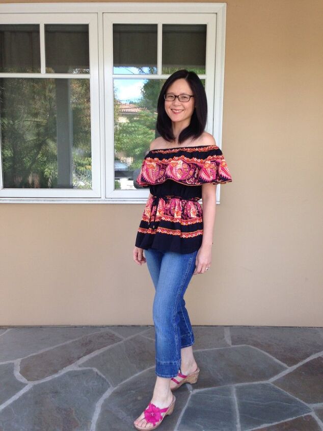 sew a thrifted skirt into an off the shoulder shirt