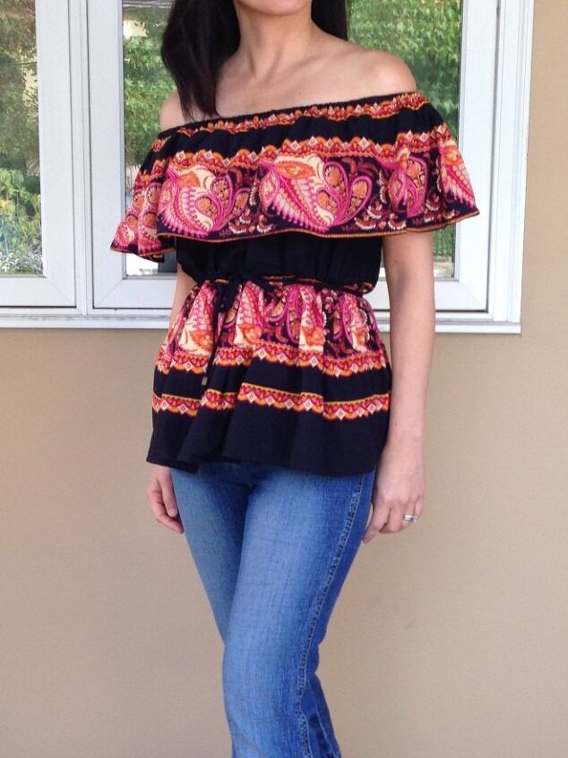sew a thrifted skirt into an off the shoulder shirt
