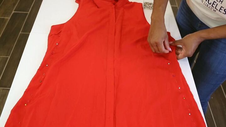 turn a long duster dress into a cute square neck mini, Red square neck dress