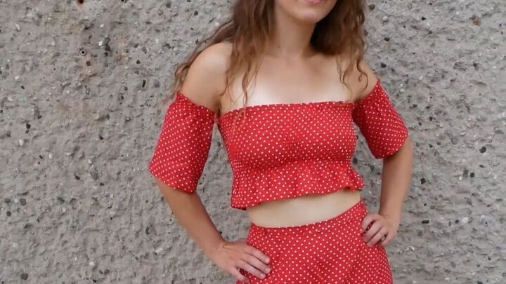 make a diy off shoulder shirred crop top with flared sleeves, Completed shirred crop top