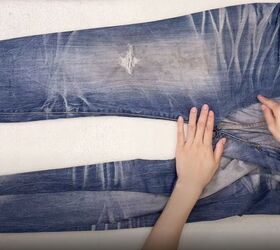 how to make trendy mom jeans out of mens jeans, Cut the crotch seam