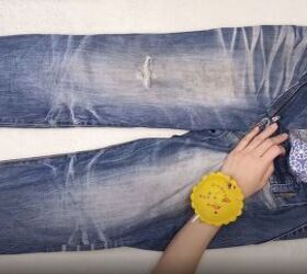 how to make trendy mom jeans out of mens jeans, Sew down the zipper