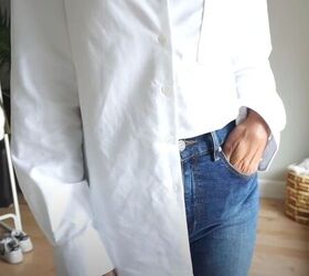 learn the tricks and tips to styling a white button down shirt, Do a half tuck