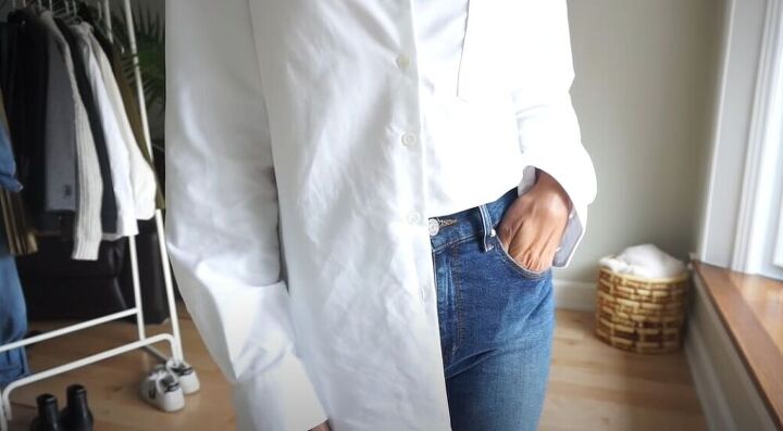 learn the tricks and tips to styling a white button down shirt, Do a half tuck