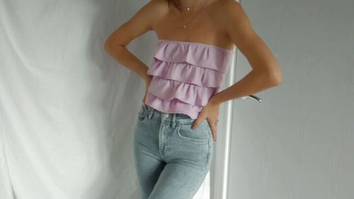 how to turn a pair of pants into a cool strapless top with ruffles, Completed ruffled top