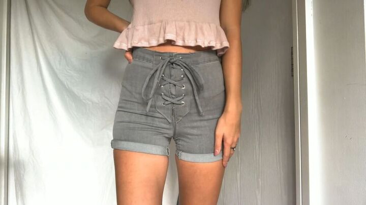 upcycle an old pair of jeans into super trendy lace up shorts, Lace up upcycled shorts