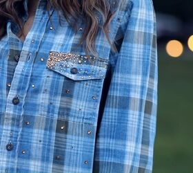 make your own recreated miu miu jacket with this tutorial, Studded plaid shirt