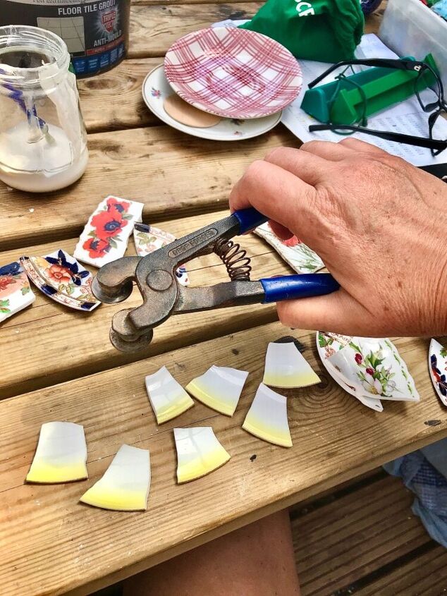 how to make earrings from broken china dishes, Cutting china with tile nippers