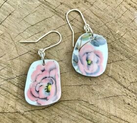how to make earrings from broken china dishes, Pink floral ceramic earrings