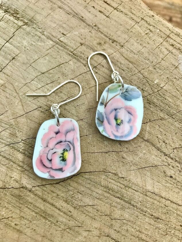 how to make earrings from broken china dishes, Pink floral ceramic earrings