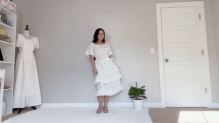 see how i created a midi cottagecore dress out of a vintage bedsheet, Completed midi shirred dress