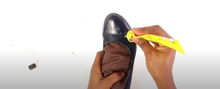 diy a gorgeous ankara wedge shoe, Insert fabric into the shoe