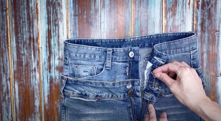 how to make jeans high waisted turning low rise into diy high rise, Adding a hook and eye closure to the jeans