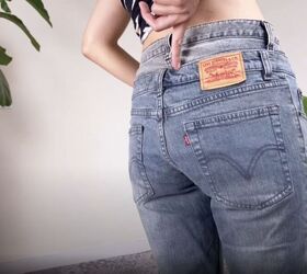 how to make jeans high waisted turning low rise into diy high rise, Trying on the jeans with the extra waistband