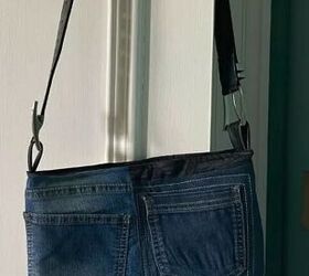 diy denim handbag with an upcycled leather belt strap
