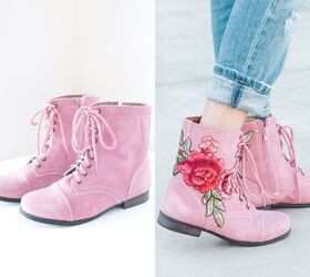 refashioned combat boots using floral embroidered patches