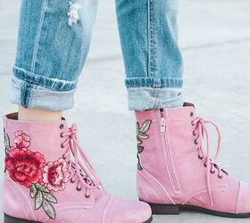 refashioned combat boots using floral embroidered patches