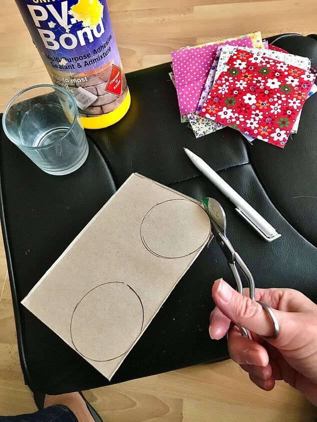 how to make some party earrings from cardboard and fabric, Cut out cardboard circles