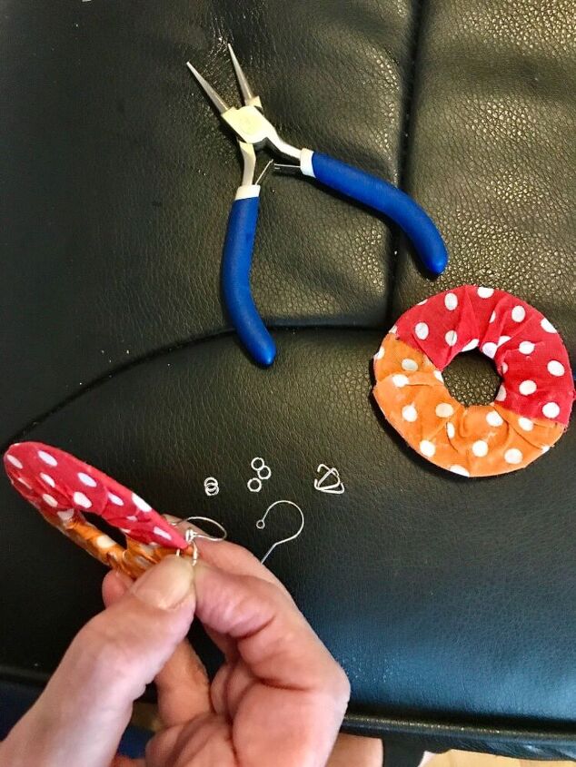 how to make some party earrings from cardboard and fabric, Put ear wires through