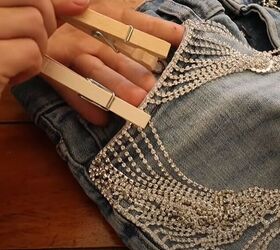 3 ways to use rhinestone fringe diy rhinestone shorts dress top, Holding the fringe in place with clothes pegs