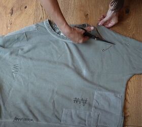 3 ways to use rhinestone fringe diy rhinestone shorts dress top, Cutting a sweatshirt into a DIY cold shoulder top