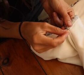 3 ways to use rhinestone fringe diy rhinestone shorts dress top, Hand sewing the top part of the rhinestone trim
