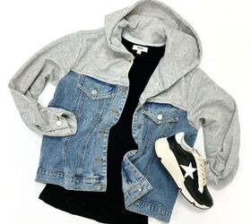 18 top ways to style your jean jacket, Denim jacket with sweater sleeves
