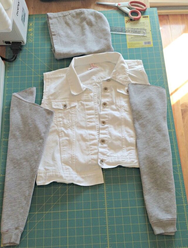 refashion a jean jacket with sweatshirt sleeves and hoodie
